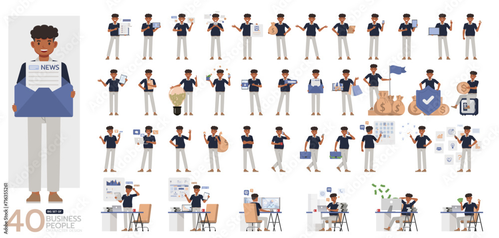 Big Set of office man wear blue shirt character vector design. Presentation in various action. People working in office planning, thinking and economic analysis. - obrazy, fototapety, plakaty 