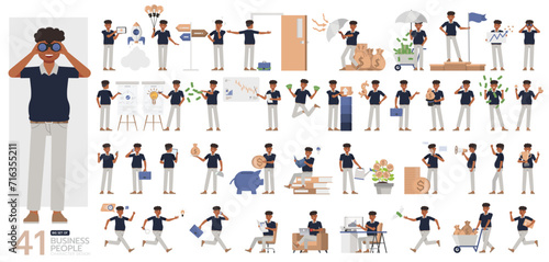 Big Set of office man wear blue shirt character vector design. Presentation in various action. People working in office planning, thinking and economic analysis.