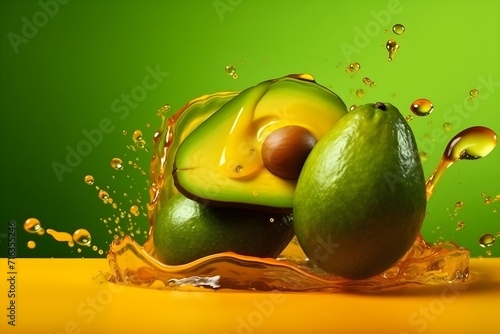 Fresh avocado flying with water splashes on bright color background photo