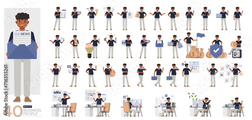 Big Set of office man wear blue shirt character vector design. Presentation in various action. People working in office planning, thinking and economic analysis. photo