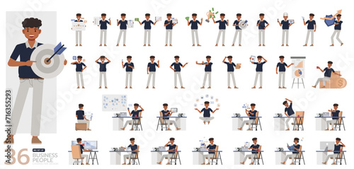 Big Set of office man wear blue shirt character vector design. Presentation in various action. People working in office planning, thinking and economic analysis.