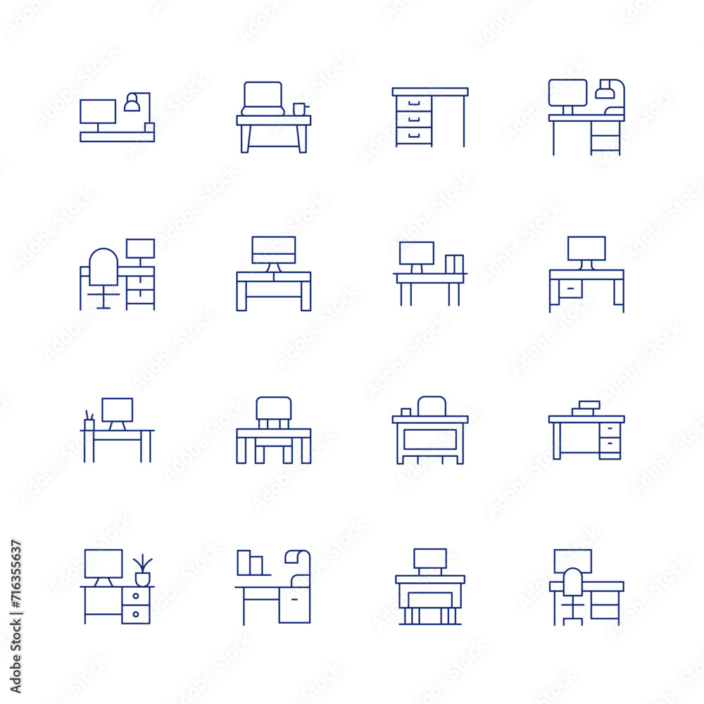 Desk line icon set on transparent background with editable stroke. Containing coworkingspace, office, workspace, computer, workplace, desk, teacherdesk, table.