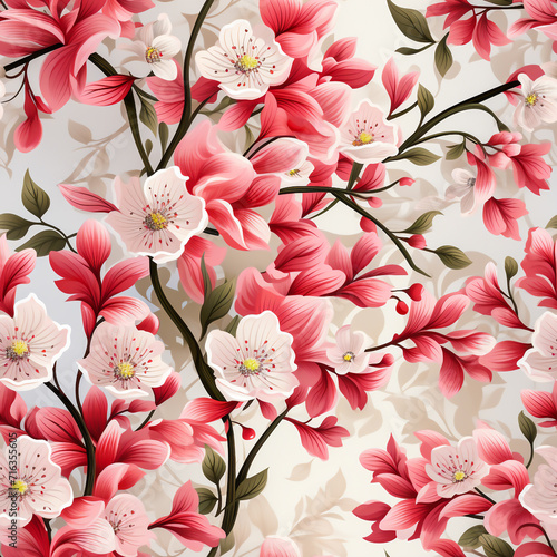 Pink floral seamless pattern  with branches  leaves and vines.