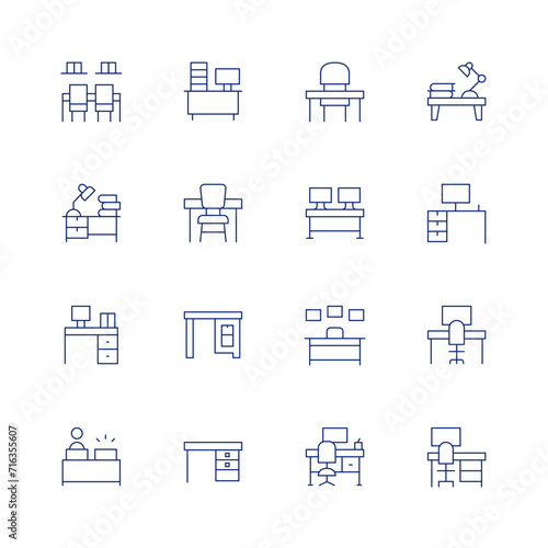 Desk line icon set on transparent background with editable stroke. Containing coworkingspace, books, table, absent, overwork, desk, workplace.