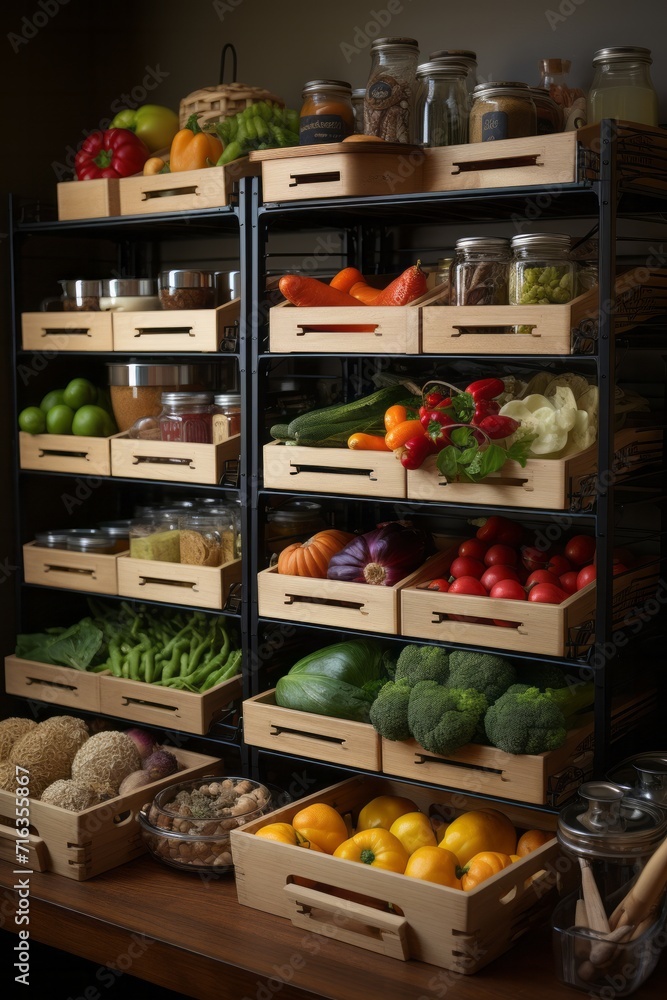 Pantry with sliding storage baskets for easy access to canned goods, Generative AI Pantry with sliding storage baskets for easy access to canned goods, Generative AI