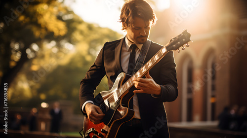A full body male guitarist, natural sunlight pouring in, dressed in a professional suit