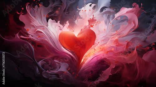 An abstract composition symbolizing love and Valentine's Day, featuring swirling patterns of reds and pinks, heart shapes, Heartfelt Abstraction: The Colours of Love and Romance