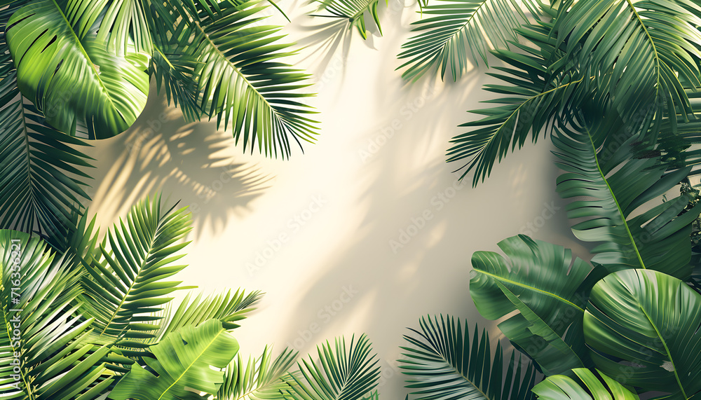 composition of summer background with Tropical palm tree leaf