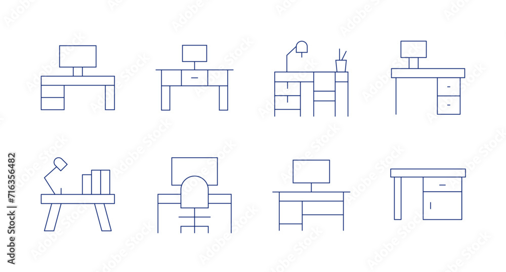 Desk icons. Editable stroke. Containing workspace, workplace, desk.