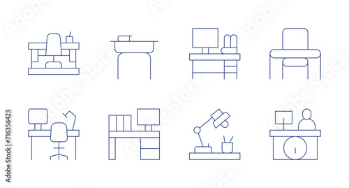 Desk icons. Editable stroke. Containing workplace, desk, desklamp, receptionist.