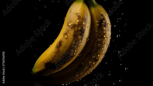 Fresh bananas with water splashes and drops on black background photo