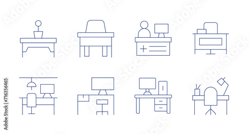 Desk icons. Editable stroke. Containing workspace, coworking, desk, receptiondesk. © Spaceicon