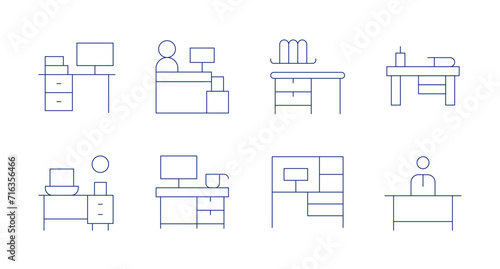 Desk icons. Editable stroke. Containing workplace, workstation, receptionist, desk, job.