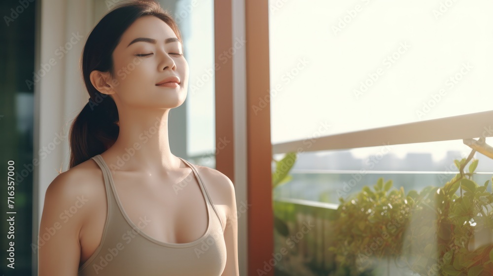 Slim woman practicing yoga on the balcony of her condo. Asian woman doing exercises in morning. balance, meditation, relaxation, calm, good health, happy, relax, healthy lifestyle concept Slim woman practicing yoga on the balcony of her condo. Asian woman doing exercises in morning. balance, meditation, relaxation, calm, good health, happy, relax, healthy lifestyle concept