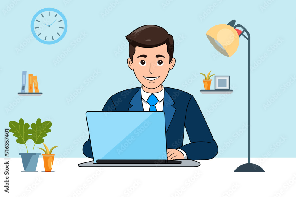 A cartoon of a man sitting at a desk with a laptop