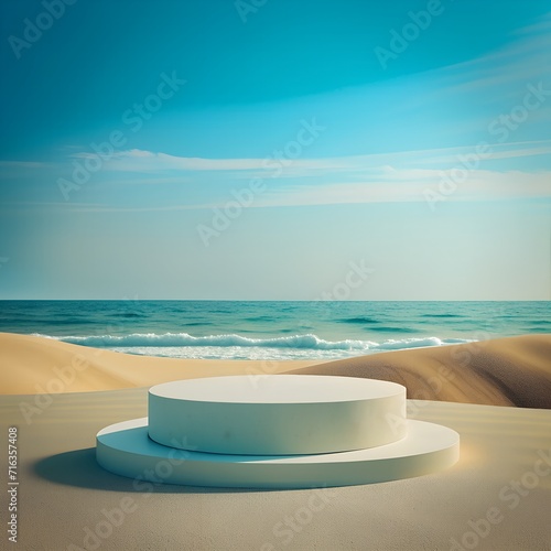 photorealistic shot of a minimalist and sea with beach background with empty product podium