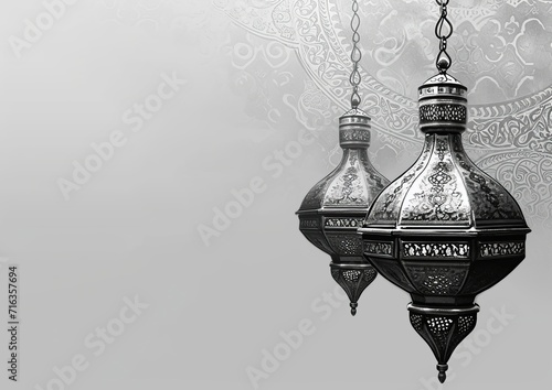 A black and white photo of a lamp with arabic text that says . Ramadan. Social media posts .Muslim Holy Month Ramadan Kareem .Ramadan Mubarak beautiful greeting card