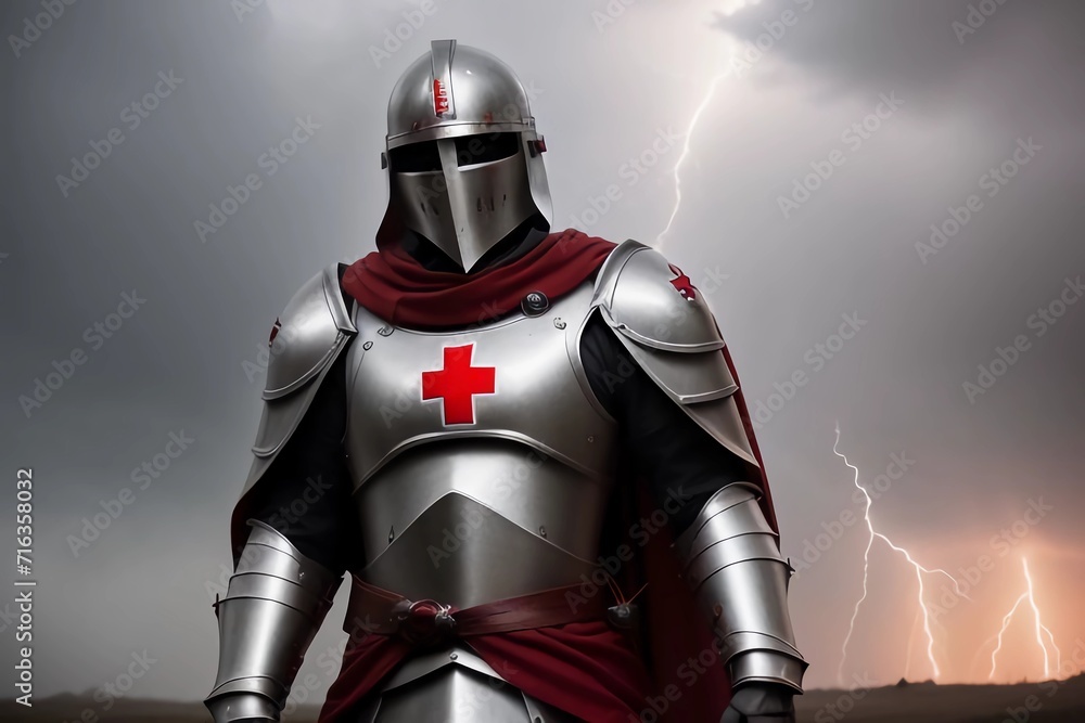 Knight Templar with Red Cross and Lightning. Generated AI
