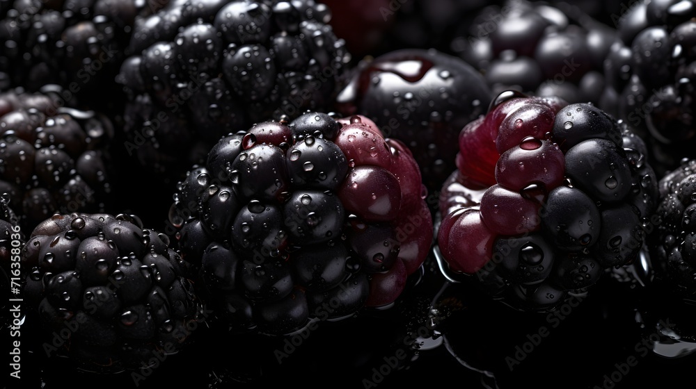 Fresh blackberries with water splashes and drops on black background Fresh blackberries with water splashes and drops on black background