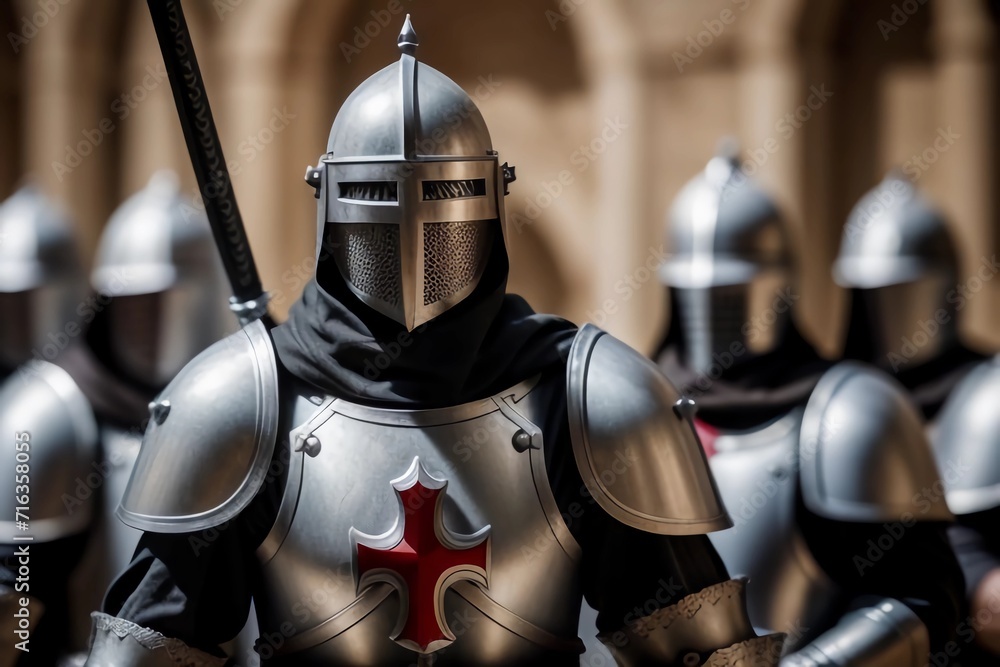 Fototapeta premium Templar Knights with Armor and Horse and Red Cross. Generated AI