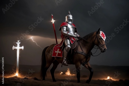 Swiss Templar Knight with Armor and Horse and Switzerland Flag. Generated AI