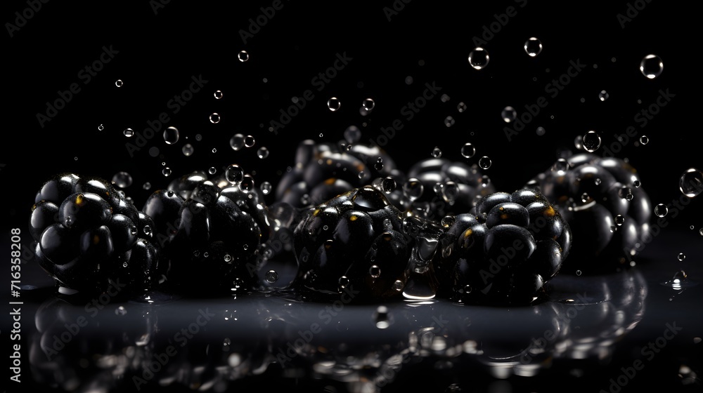 Fresh blackcurrants with water splashes and drops on black background