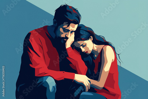 Illustration of sad couple sitting looking down feeling depressed and tired © David Pereiras