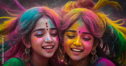 Joyful Holi Celebration, Two women radiating happiness amid vibrant colours.