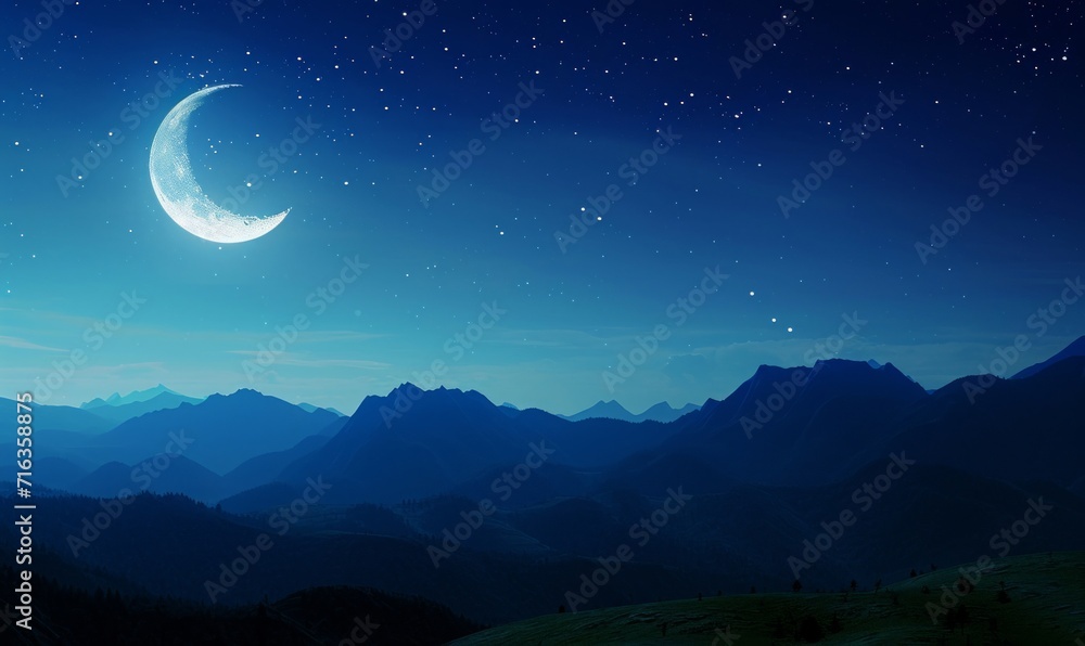 Panorama view of Night sky and moon, stars,Ramadan Kareem celebration.Serenity mountain background, outdoor.