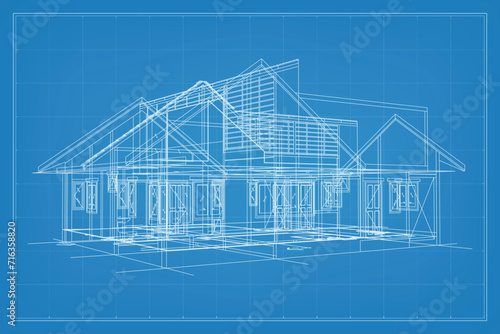 3D render of building wireframe structure. Perspective wireframe of house exterior. Abstract construction graphic idea. Vector illustration.