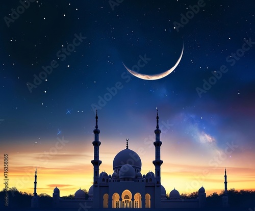 Mosque sunset sky, moon, holy night, islamic night and night mosque with lamp turned on, islamic wallpaper