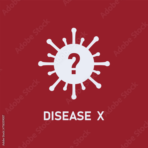 Disease X, a new pandemic. A virus of a hypothetical unknown threat, with a question mark. Medicine and healthcare concept. Flat vector illustration on red background, eps 10.