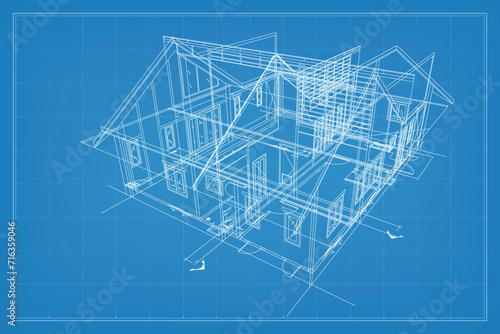 3D render of building wireframe structure. Perspective wireframe of house exterior. Abstract construction graphic idea. Vector illustration.