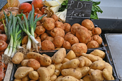 Arles, frutta e verdure al mercato: patate e cipollotti- Provenza - Francia photo