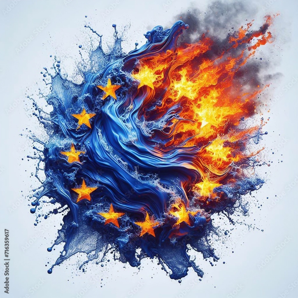 Ukraine and EU flags what Splash of water and flame. AI generated illustration