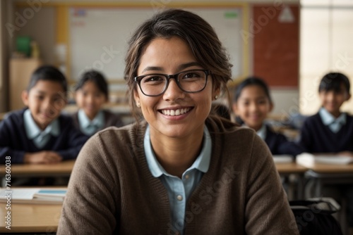 Portrait of smiling teacher in a class at elementary school looking at camera with learning students on background  