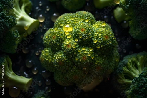 Fresh broccoli with water splashes and drops on black background