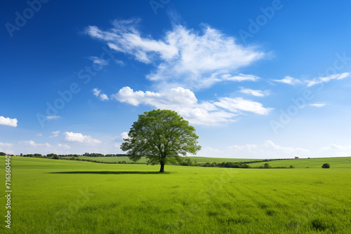 Lonely tree at the empty green field with copy space. Single tree in a green field