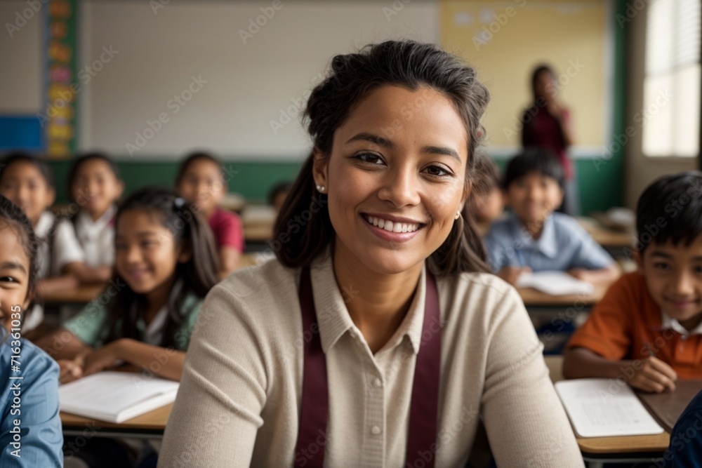 Portrait of smiling teacher in a class at elementary school looking at camera with learning students on background
Portrait of smiling teacher in a class at elementary school looking at camera with learning students on background