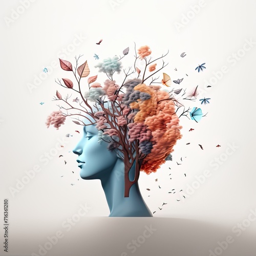 Surreal portrait of a woman with a tree for hair, symbolizing mental growth and transformation