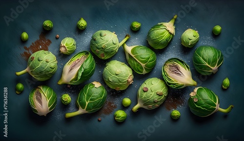 Fresh brussel sprouts with water splashes and drops on black background