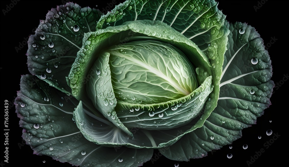 Fototapeta premium Fresh cabbage with water splashes and drops on black background