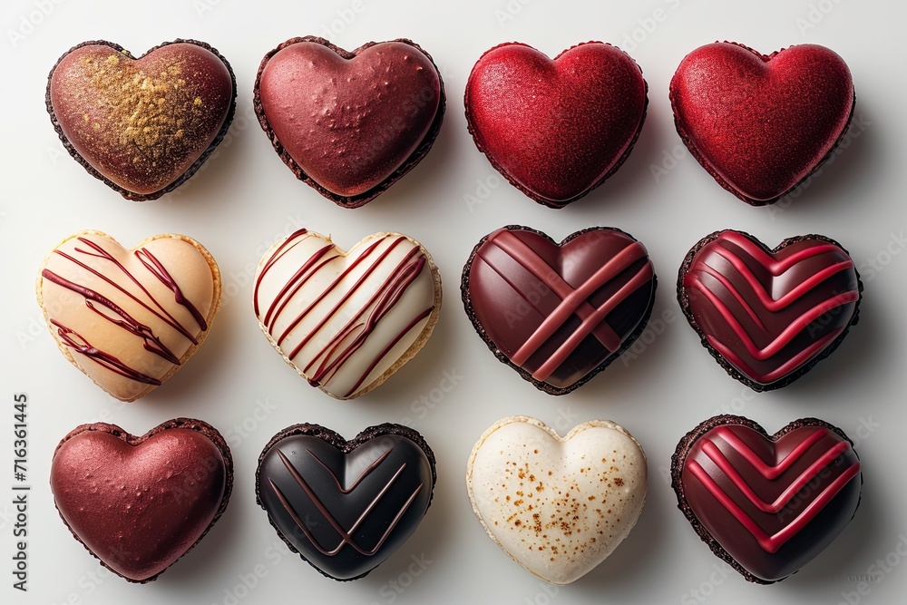 Assortment of heart-shaped macarons in various flavors and designs Assortment of heart-shaped macarons in various flavors and designs