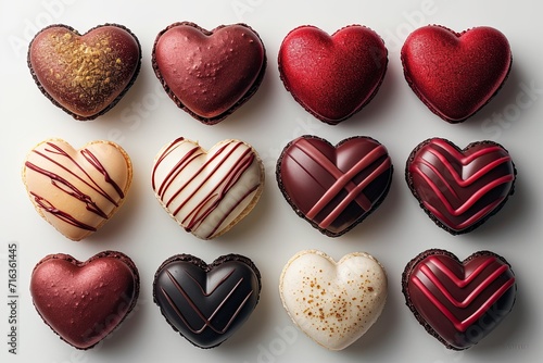 Assortment of heart-shaped macarons in various flavors and designs