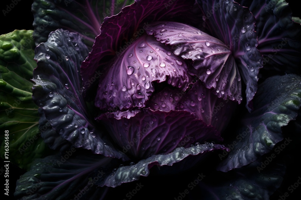 Fototapeta premium Fresh cabbage with water splashes and drops on black background