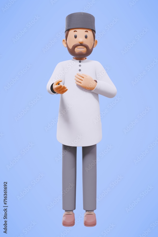 3d man muslim greeting, greeting, pointing and holding phone while smiling with blue background 3d man muslim greeting, greeting, pointing and holding phone while smiling with blue background