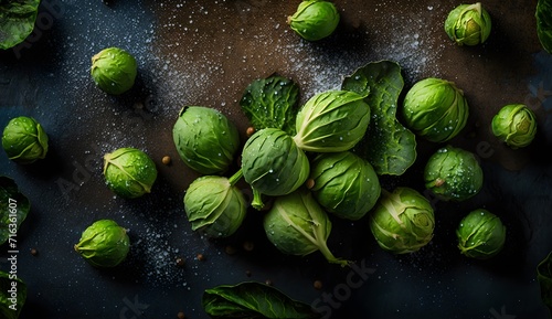 Fresh brussel sprouts with water splashes and drops on black background