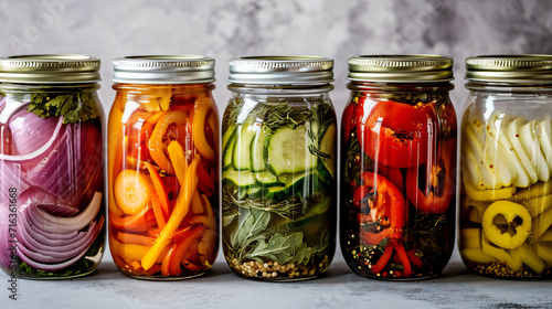 Close up of pickled vegetables in jars