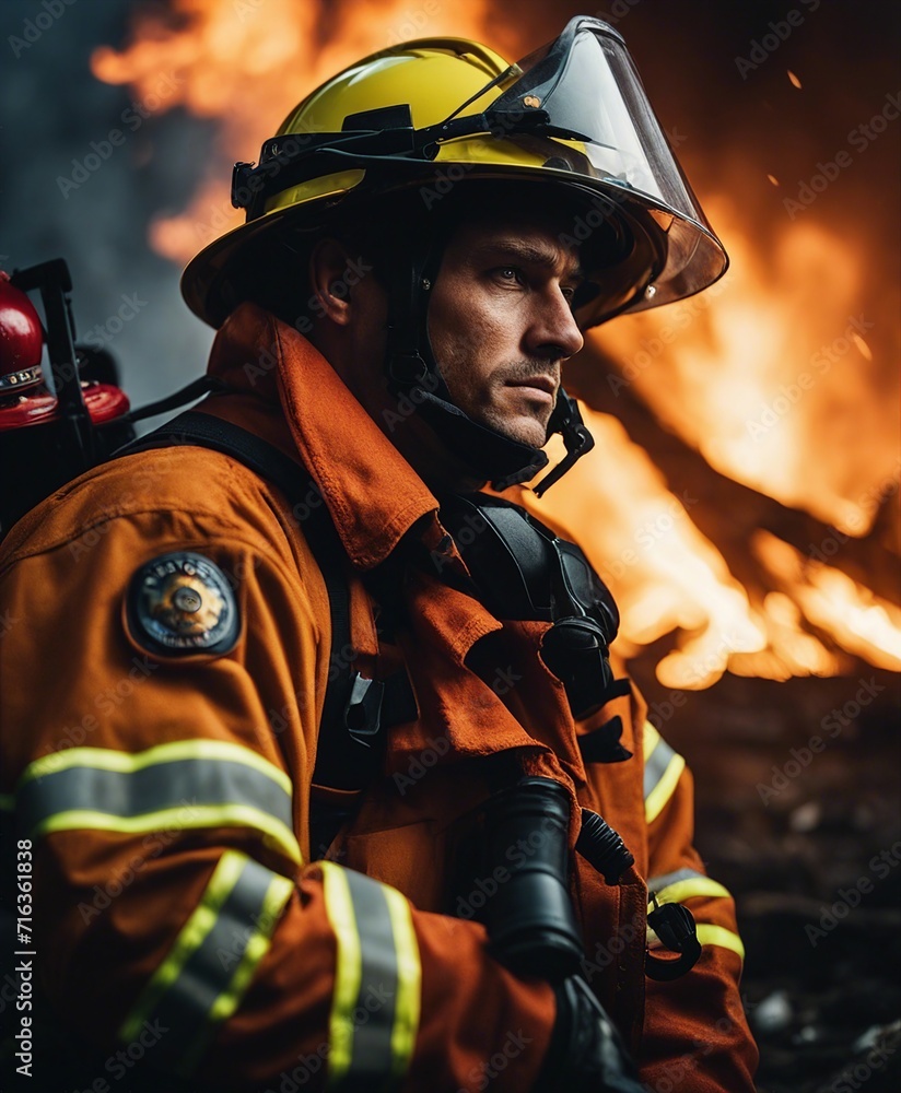 A helmeted firefighter looking exhausted in front of a fire
