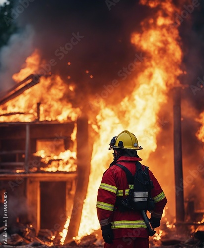 A helmeted firefighter looking exhausted in front of a fire
